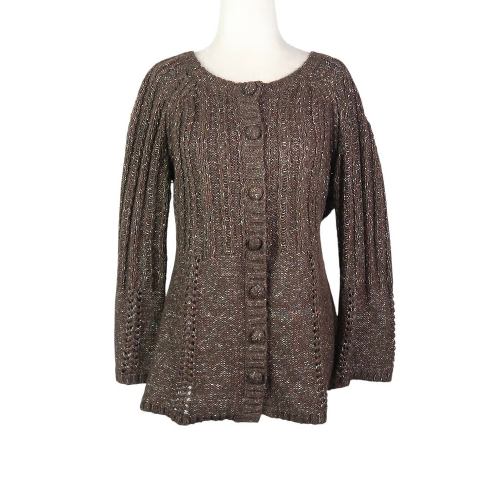 Vintage Y2K DKNY Jeans Dark Brown Wool Blend Peplum Cardigan Sweater L